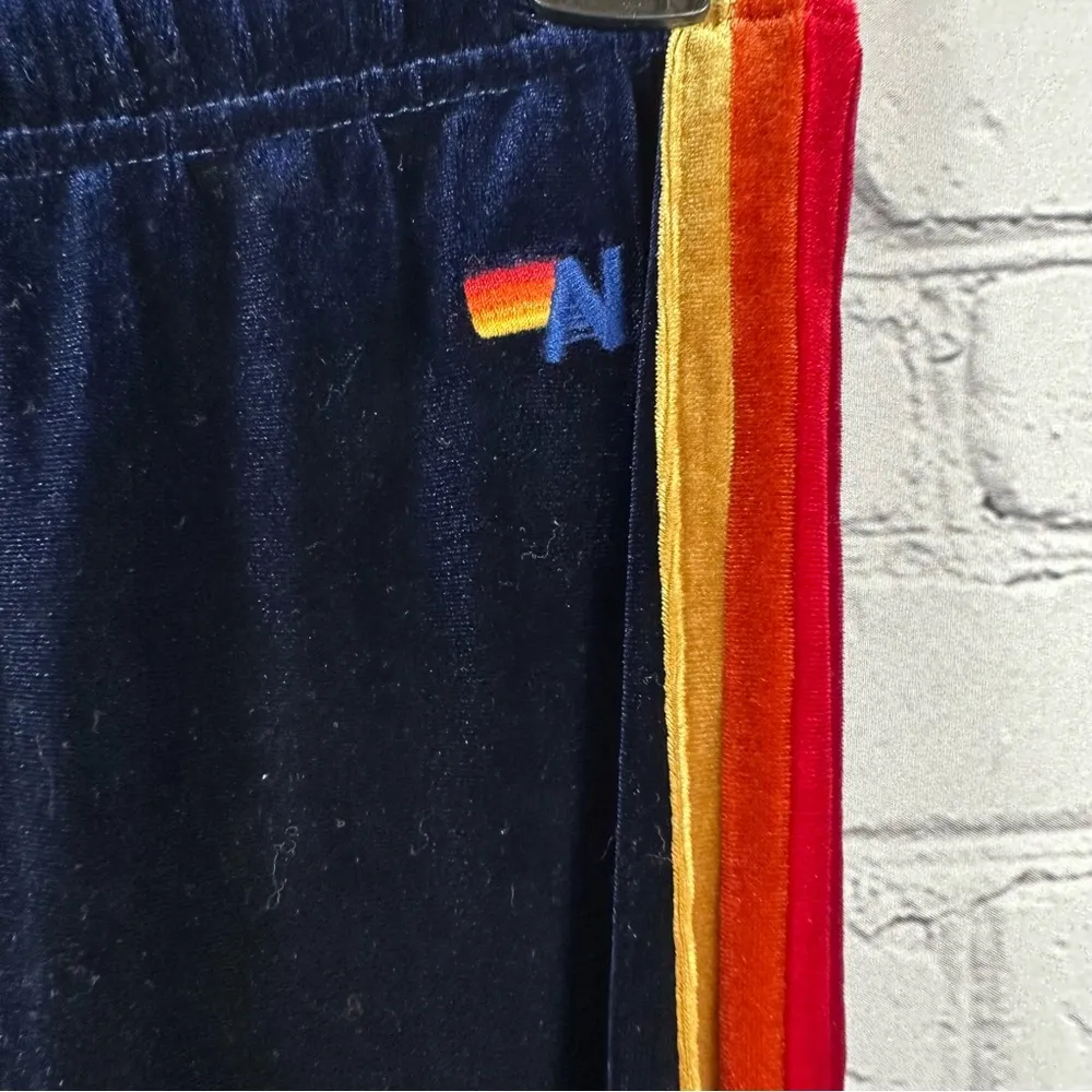 Aviator Nation Classic Velvet Sweatpants Side Rainbow Stripes Drawstring Navy S - Image 7