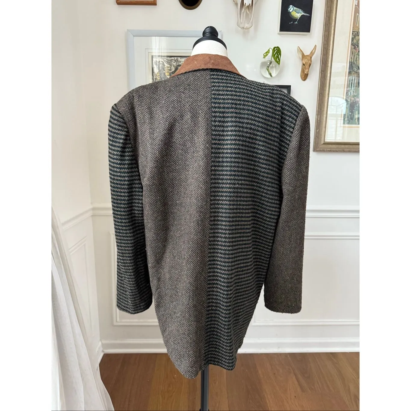 Vintage 90s Laurice Wool Houndstooth Herringbone Patchwork Oversize Blazer L XL Brown - Image 2