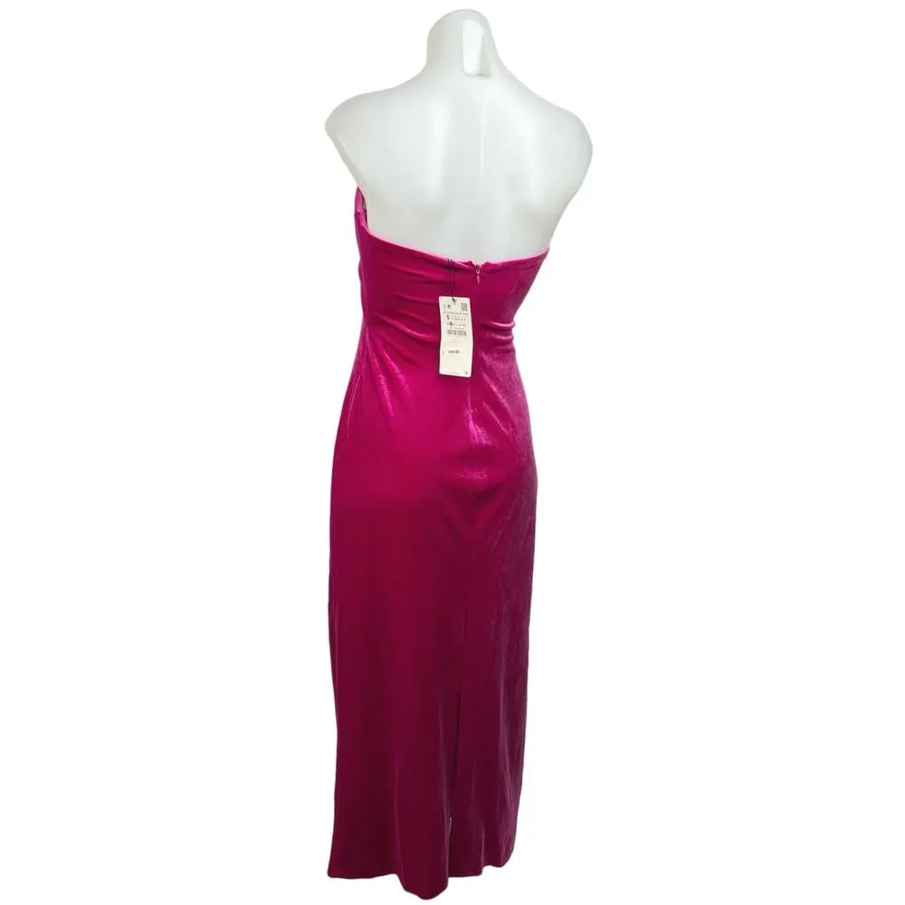 ZARA Women's Velvet Pink Sleeveless Back Zipper Sweetheart Neck Midi Dress Sz S - Image 6