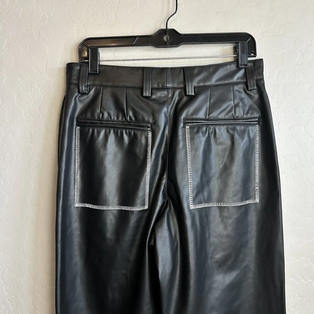 ZARA Pants Womens S Faux Leather Black Vegan Wide Leg Baggy Biker Gothic Moto - Image 7