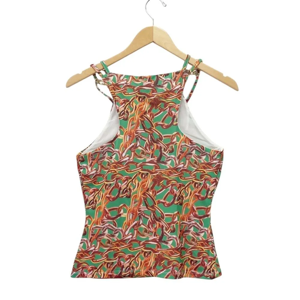 NWT Karen Millen Chain Print Cut Out Jersey Crepe Top Green Gold Sleeveless Sz 6 - Image 3