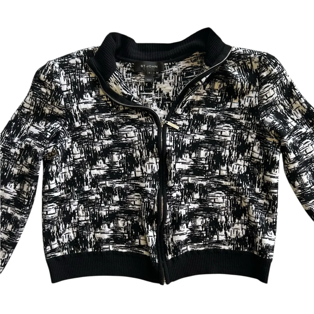 St. John Wool Blend Full Zip Shoulder pad Jacket Size Medium white black - Image 3