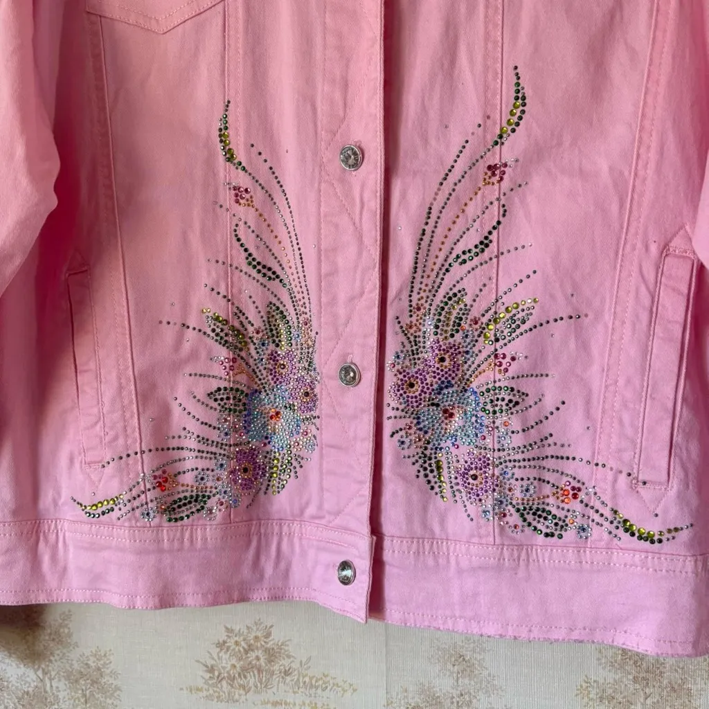 Vintage 90s y2k pink floral embellished rhinestone button denim jacket 1X - Image 4
