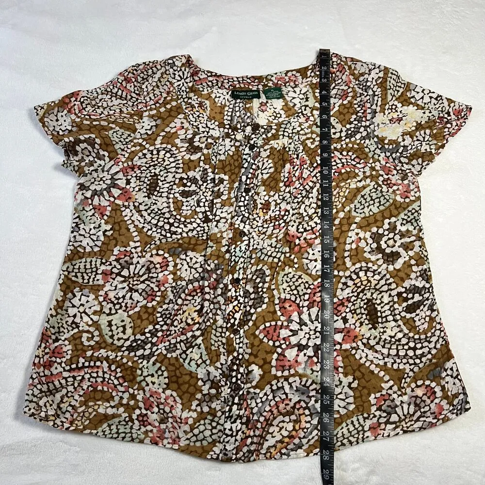 Lemon Grass Studio Square Neck Button Up Shirt Size XL Floral/Geometric Print Brown - Image 6