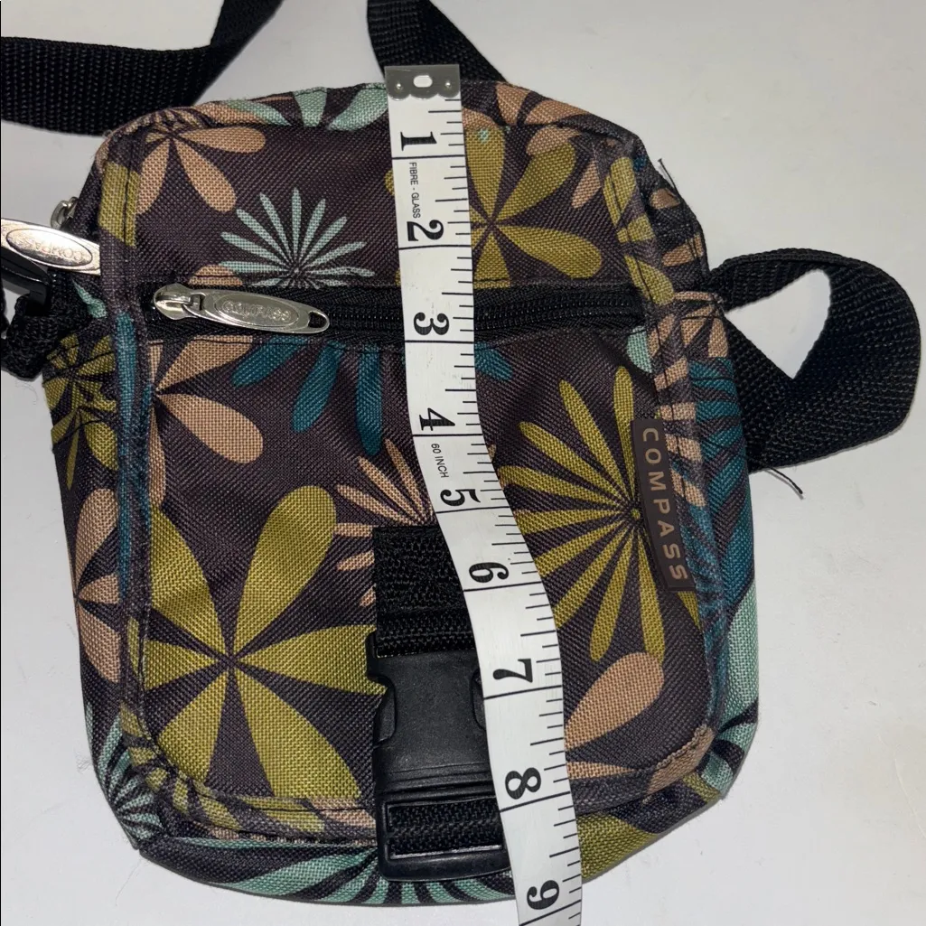 COMPASS CANVAS / NYLON CROSSBODY BAG BROWN GOLD BLUE FLORAL DESIGN MANY POCKETS - Image 15