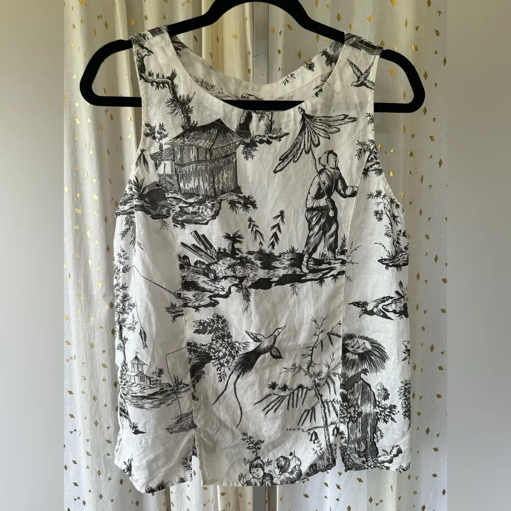 Kleen Women's 100% Linen Printed Asian Inspired Artwork Design Blouse Tank Top S - Image 2