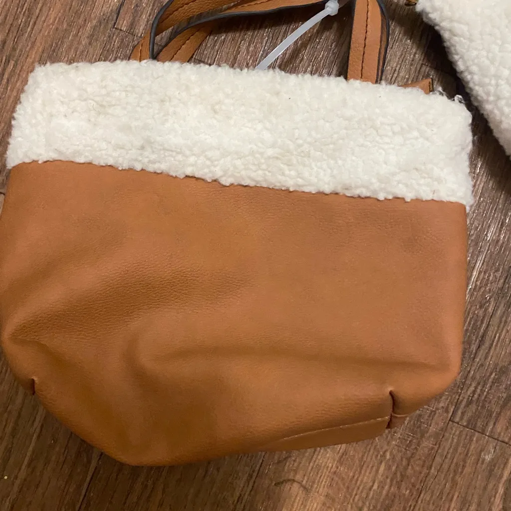 Nanette Lepore Set Lot Of 2 Purse Purses Tan Brown Faux Leather & White Fur - Image 2