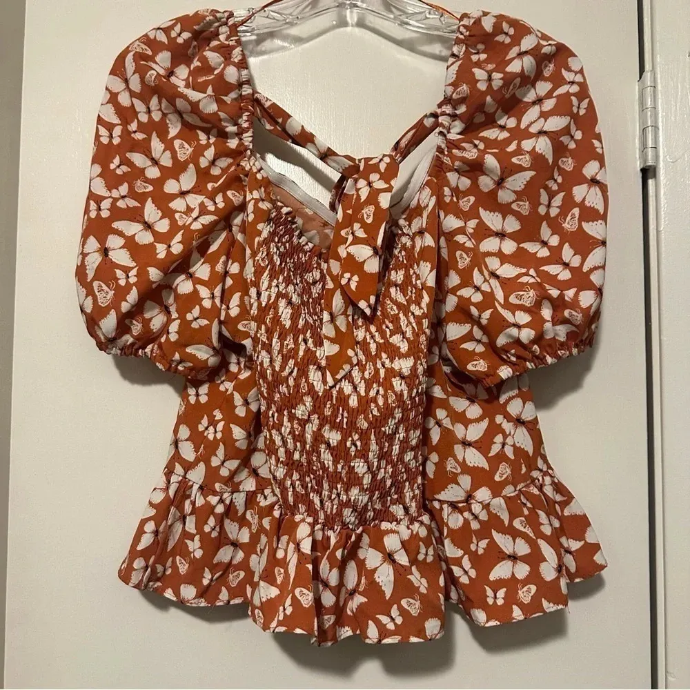 Milk & Honey Orange Butterfly Corset Puff Sleeve Blouse Size XL - Image 3