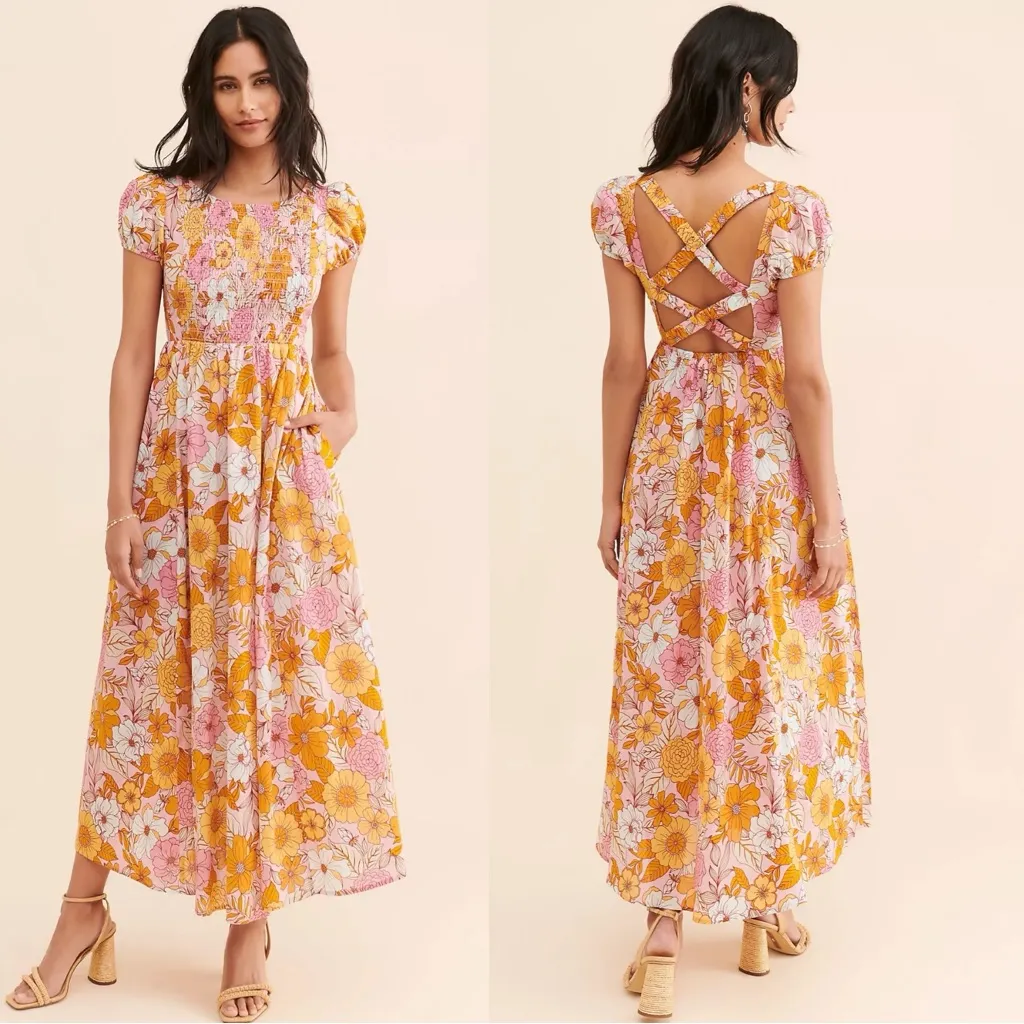 Anthropologie Kachel Smocked Retro 70s Floral Maxi Dress Size XL Spring Bohemian Pink - Image 4