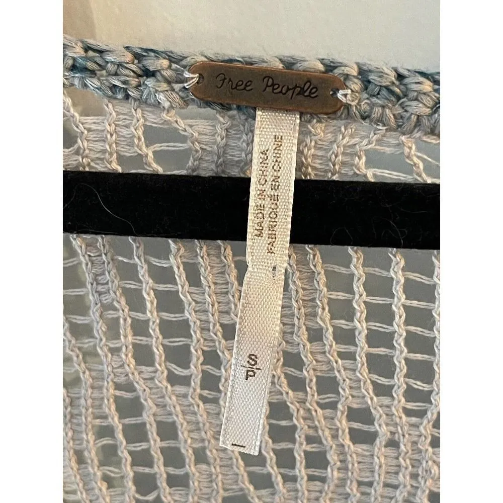 Free People Sweater Pullover Loose Open Knit Crochet Lace Back Blue Gray Small - Image 3