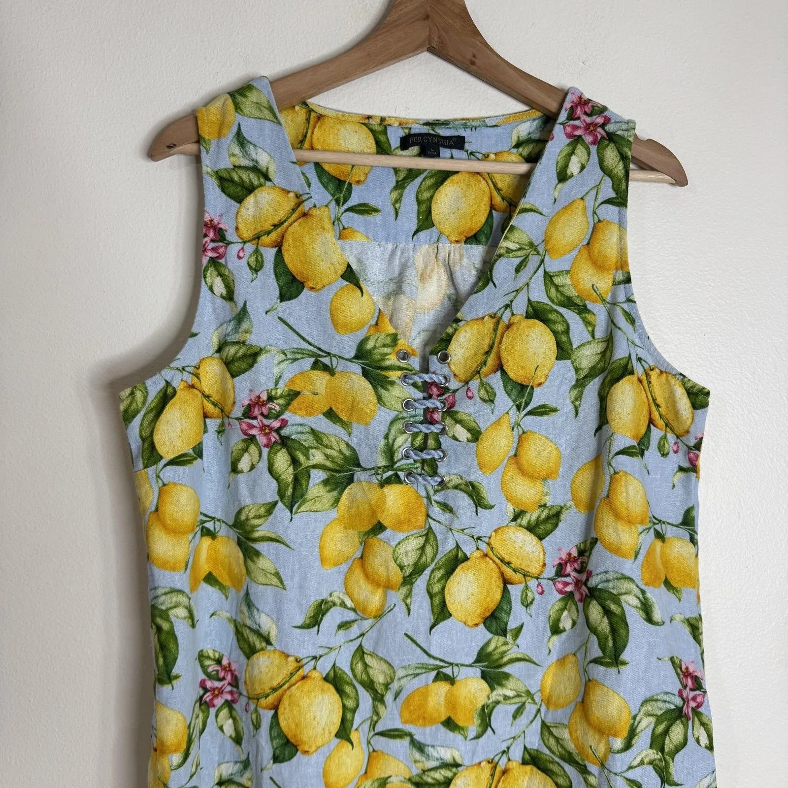 FOR CYNTHIA Dress Womens Large Blue Lemon Print Linen Blend Sleeveless Shift - Image 2