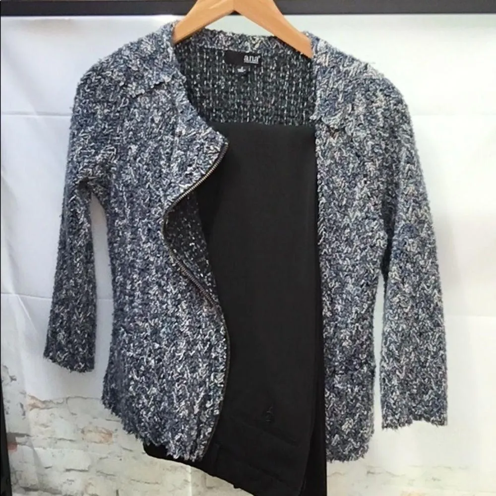 a.n.a. Sleek Tweed Style Boucle Style 3/4 Asymmetrical Zip Preppy Office Jacket - Image 2