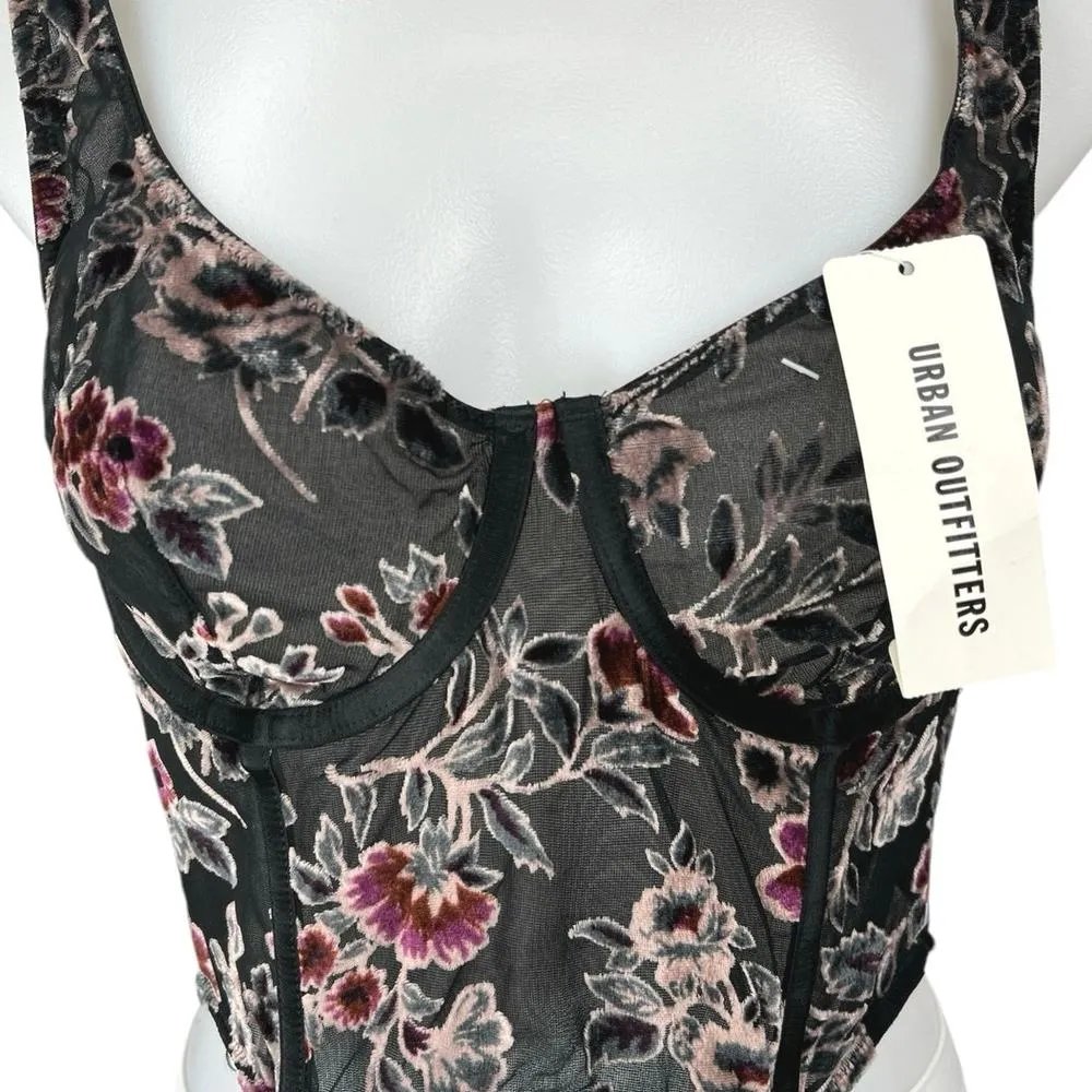 NEW Urban Outfitters Bella Floral Lace Velvet Sleeveless Crop Corset Tank Top L - Image 3