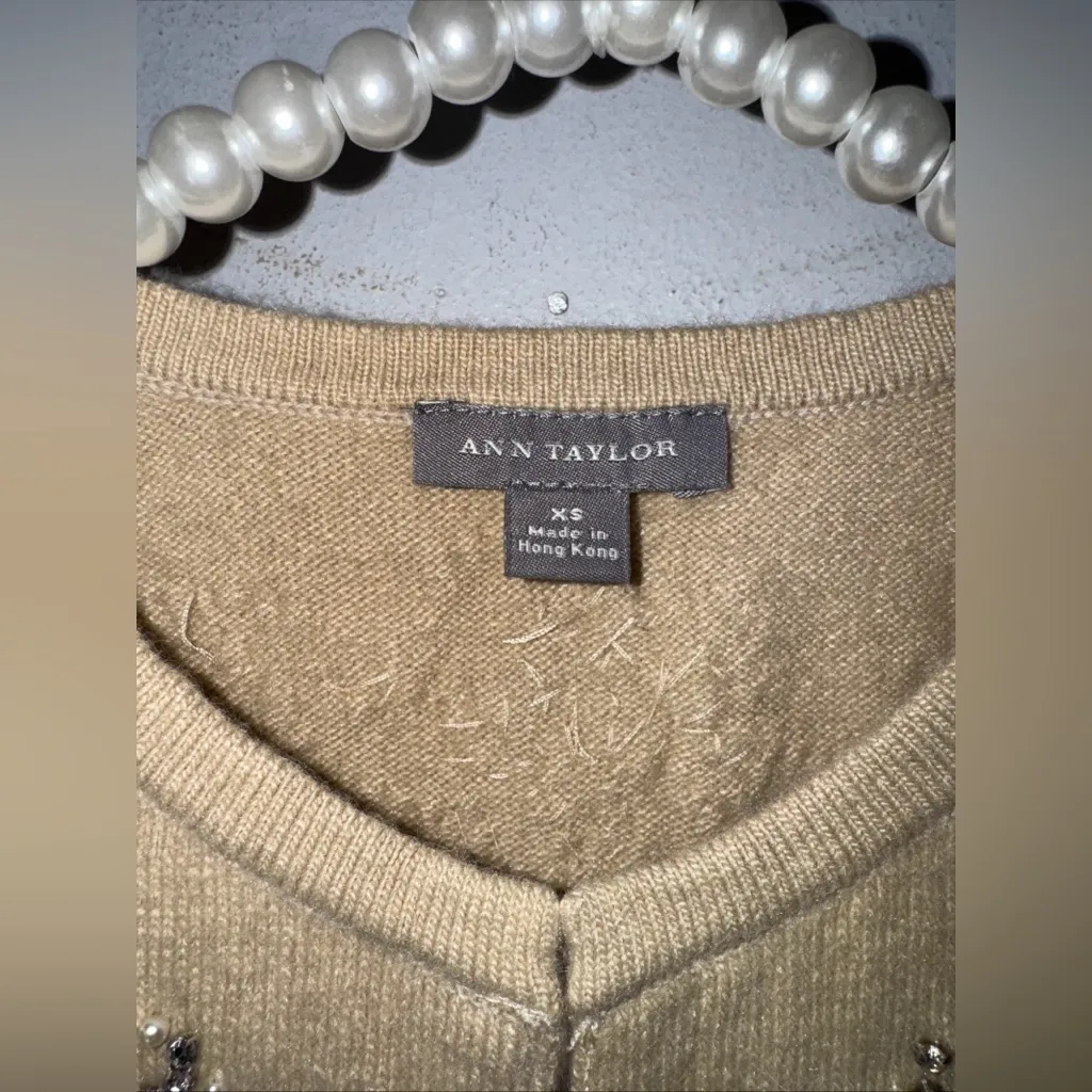 Ann Taylor Womens Beige Cardigan XS Embellished Pearls Rhinestones Angora‎ Blend - Image 4