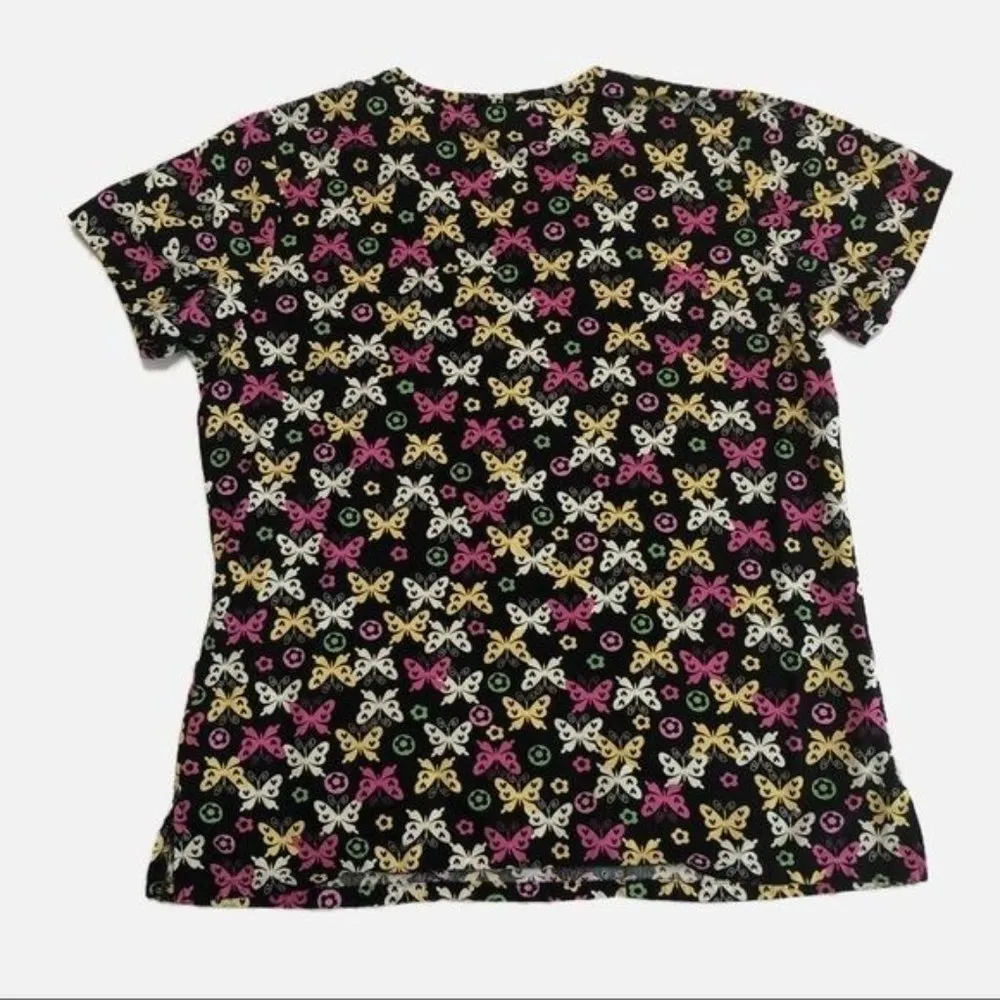 Ladies Scrub Top Size Small Butterflies Black Pink Yellow Uniform Destination - Image 6