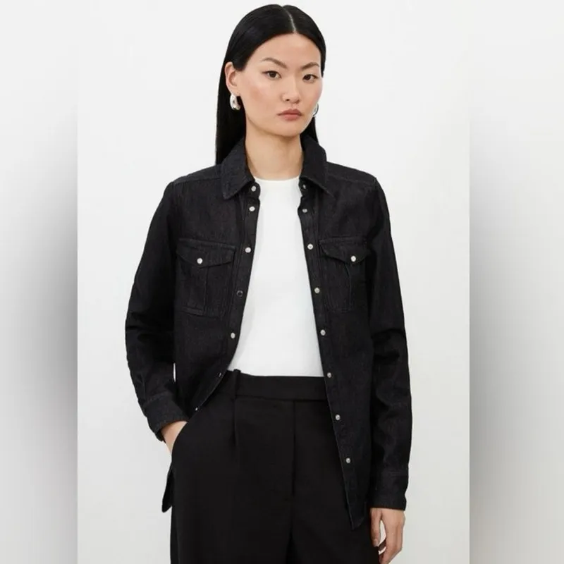 Karen Millen US Size 8 Denim Pocket Detail Relaxed Snap Front Jean Shirt Black - Image 4