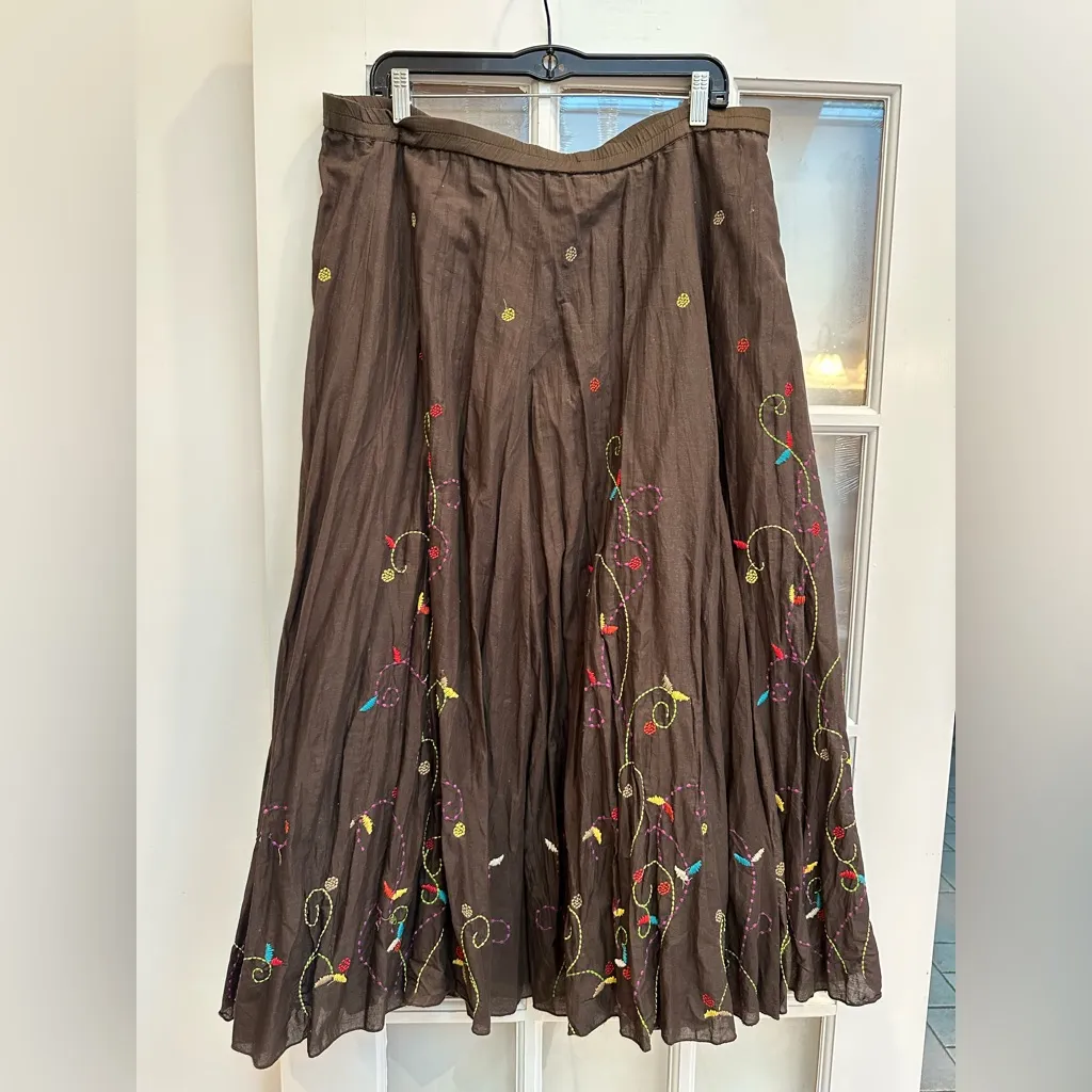 Chicos Bohemian Embroidered Vine Drifter Midi Skirt Fudge Brown Size Large NWT - Image 3