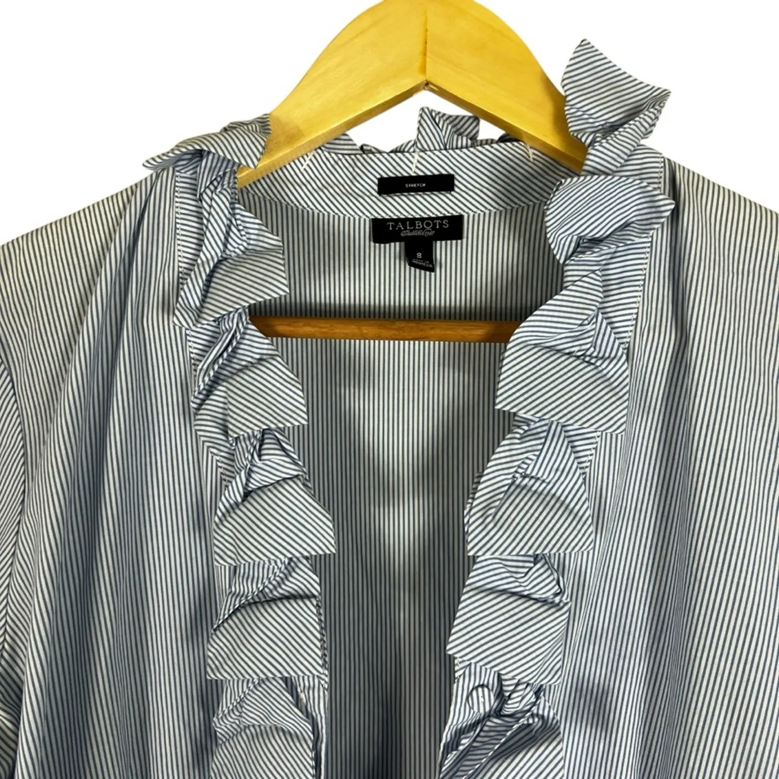 Talbots Button Down Top Womens 8 Blue Striped Cotton Ruffle V-Neck Coastal Work - Image 3