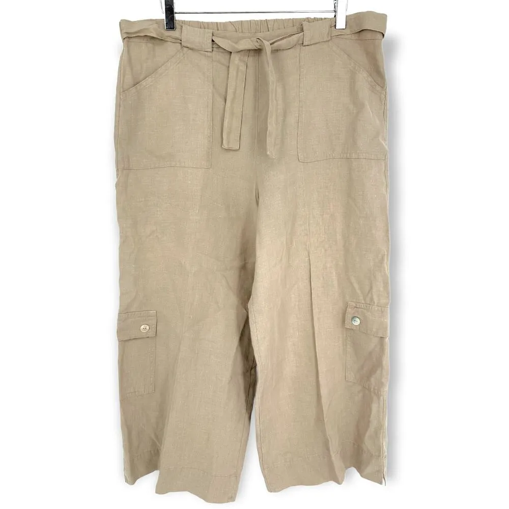 Bryn Walker | Medium | Light Linen Cropped Capri Pant Cargo Short in Eyrie Khaki - Image 5