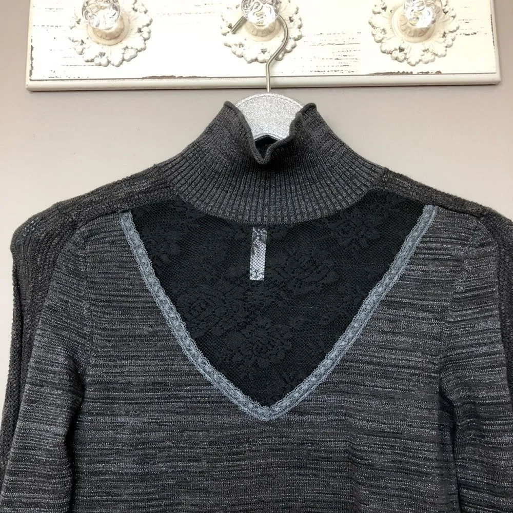 Free People Gray & Black Long Sleeve Lace Mock Neck Top - Image 2