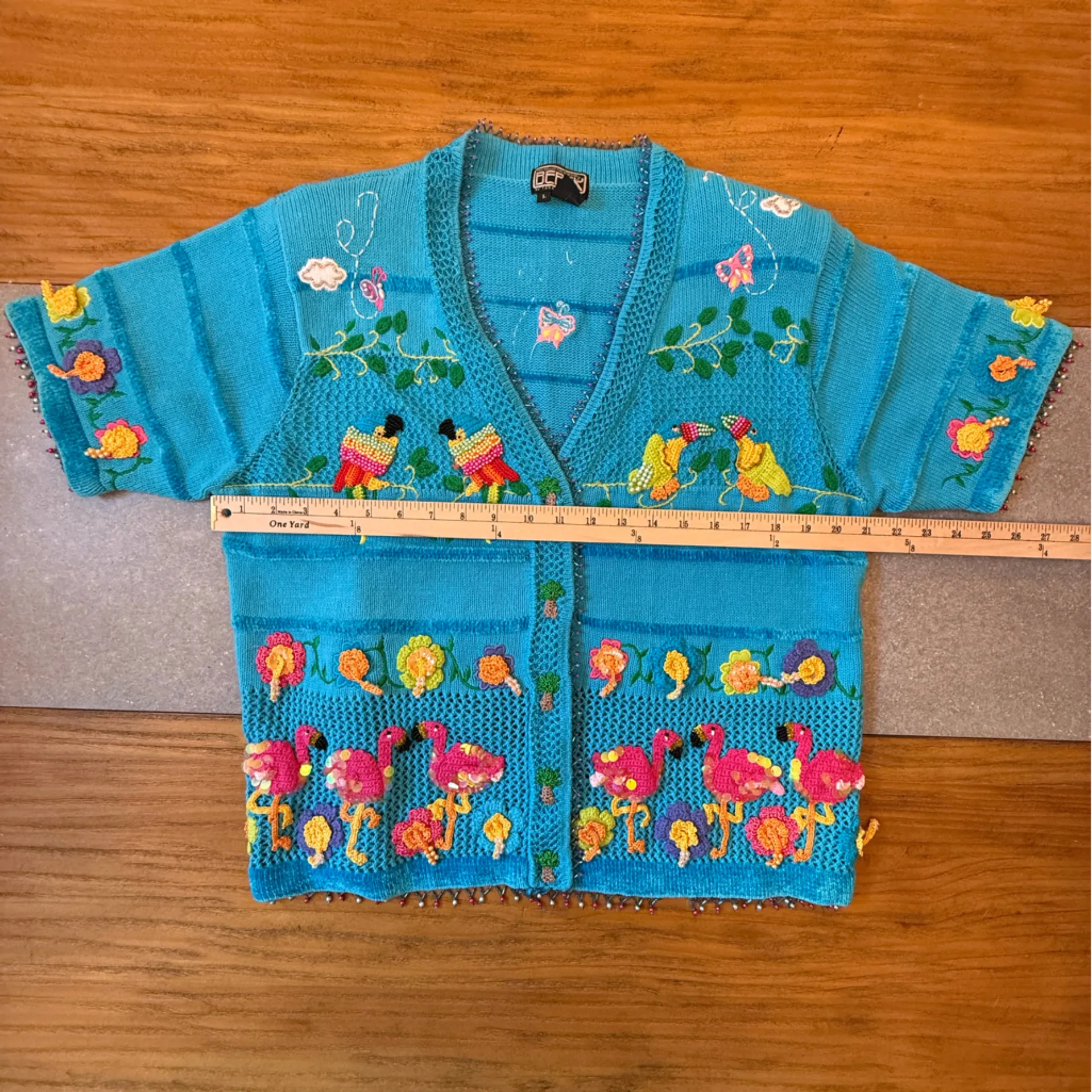 Berek Blue Art to Wear Hand Knitted Embellished Cardigan Sweater Rare Large VTG - Image 16