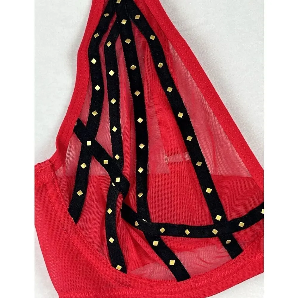 Frederick's Of Hollywood Women's Size 32D Red Rozlyn Mesh and Stud Red Bra - Image 3