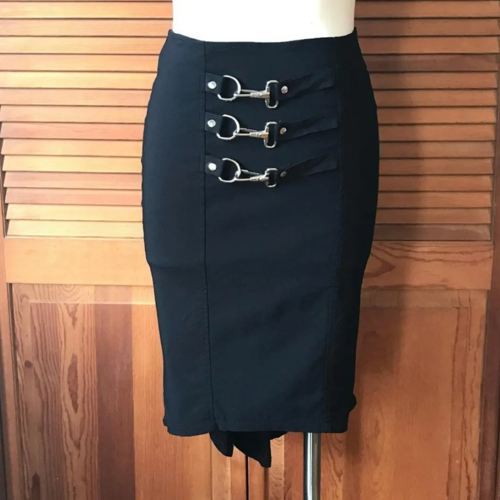 Vintage Lip Service Gangsta Pranksta Goth Punk Emo Black Fishtail Buckle Skirt S - Image 3