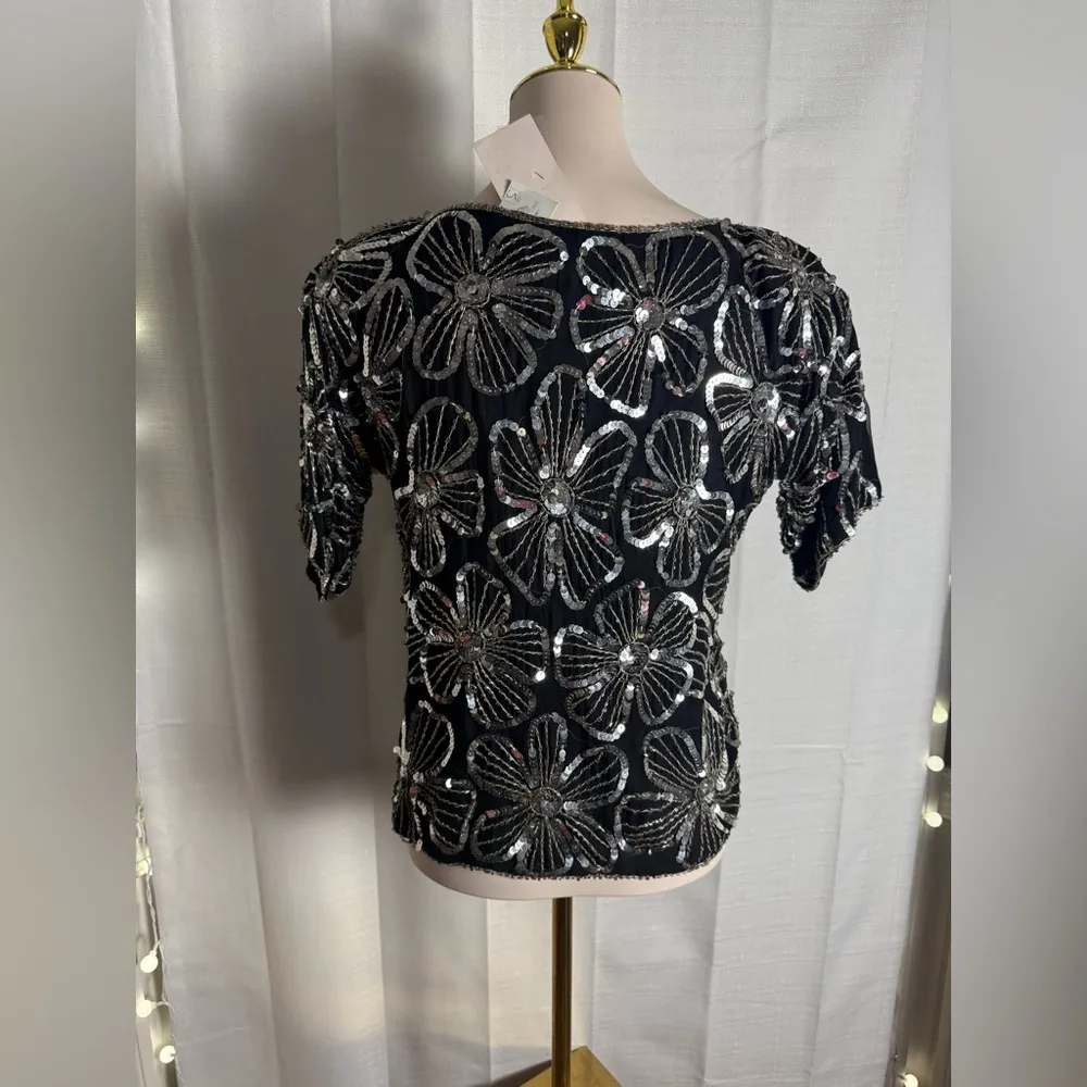 NWT Vintage J.L.B. Black and Silver Sequin Blouse - Image 2
