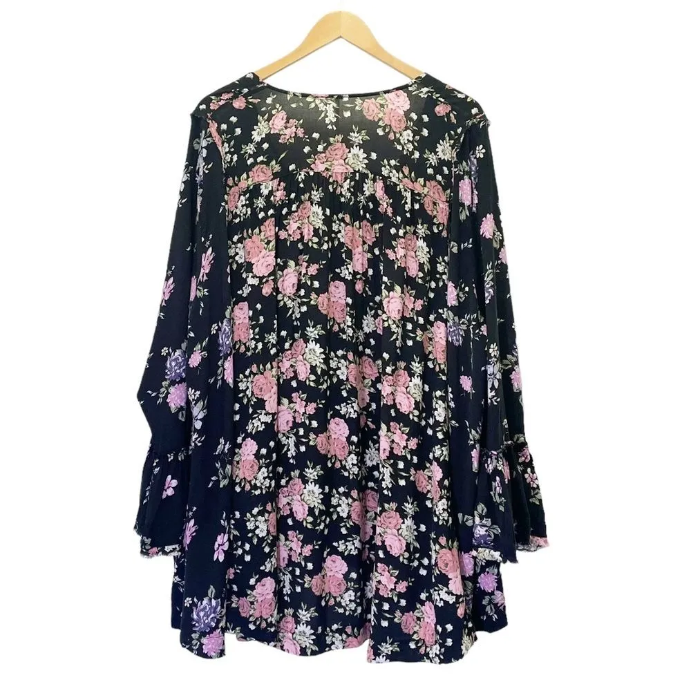 Free People Top Lorretta Black Pink Purple Floral Print Tunic Blouse Size Medium - Image 5