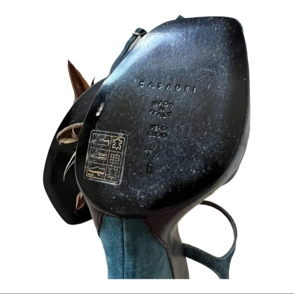 Casadei Vintage Blue Brown Wedge Platform Sandals With feather Details Size 7.5B - Image 6