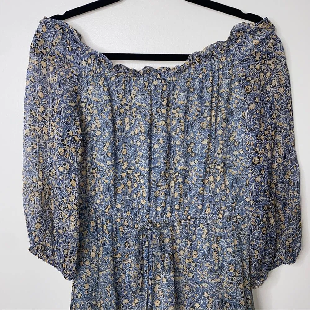 Anthropologie Blue Floral Kira Smocked Off Shoulder Boho Peasant Midi Dress 4 - Image 5