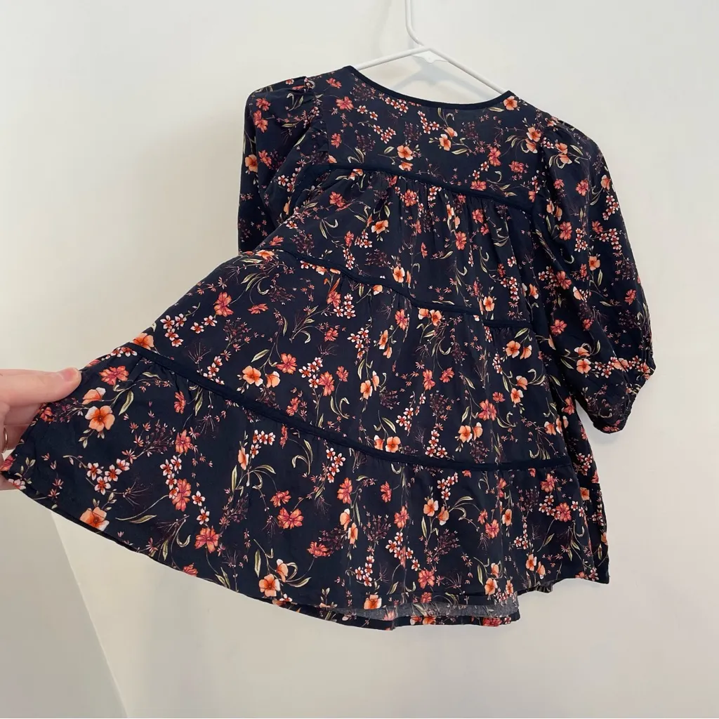 OLD NAVY Puff Sleeve Floral Tiered Swing Blouse Navy Blue Short Sleeve Peasant S - Image 14