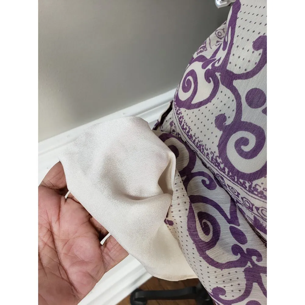 Freelance Tunic Top Womens Large White Purple Print Smocked Waist Ruffle Hem - Image 12