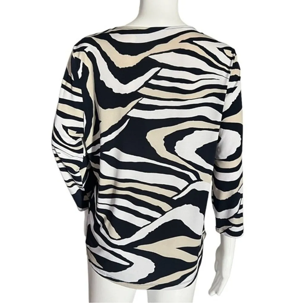 Chicos Shirt Womens Small White Black Tan Animal Print Edgy Casual Slinky Travel - Image 3