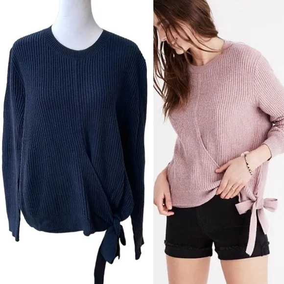 Madewell Navy Blue Side-Tie Pullover Ribbed Crewneck Sweater Cotton Sz M - Image 2