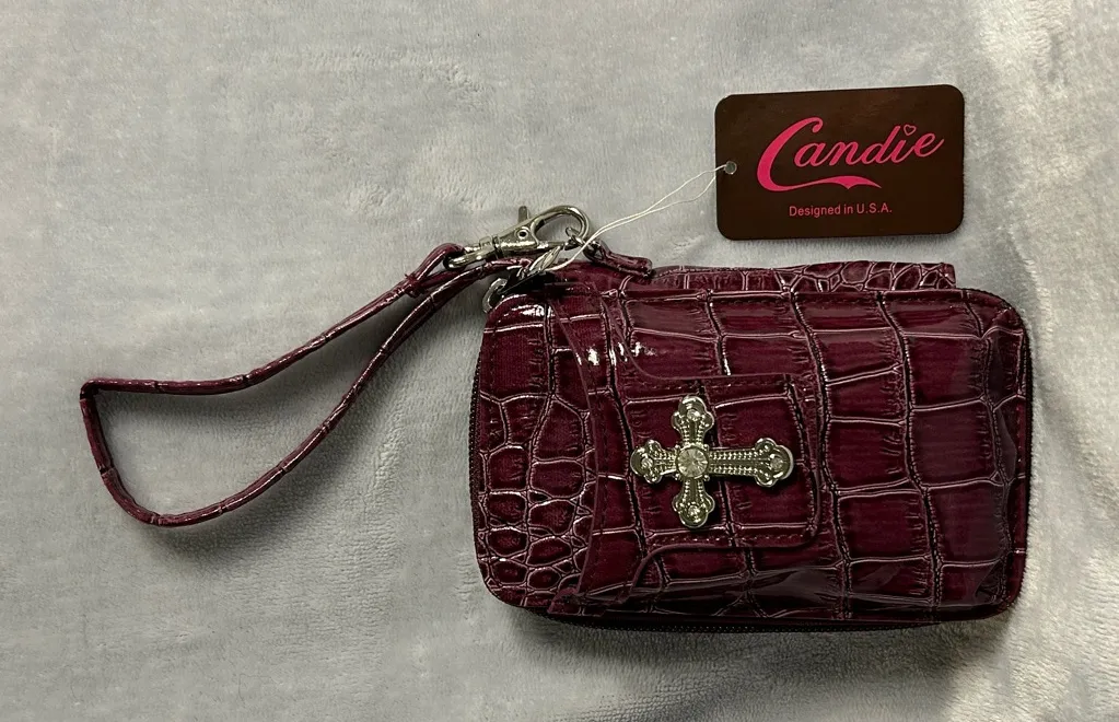 Candie Burgundy Croc-Embossed Wristlet with Cross Accent - Image 1