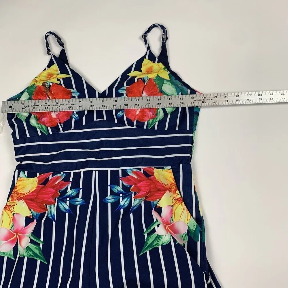 Chicways Floral and Striped Jumpsuit Size Large Hibiscus Flower Vneck blue - Image 8