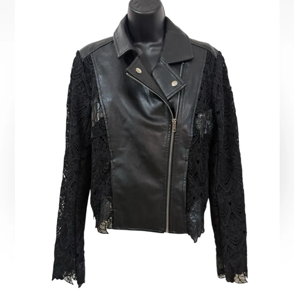 Guess Faux Leather Moto Jacket Lace Sleeve Floral Print Size M - Image 3