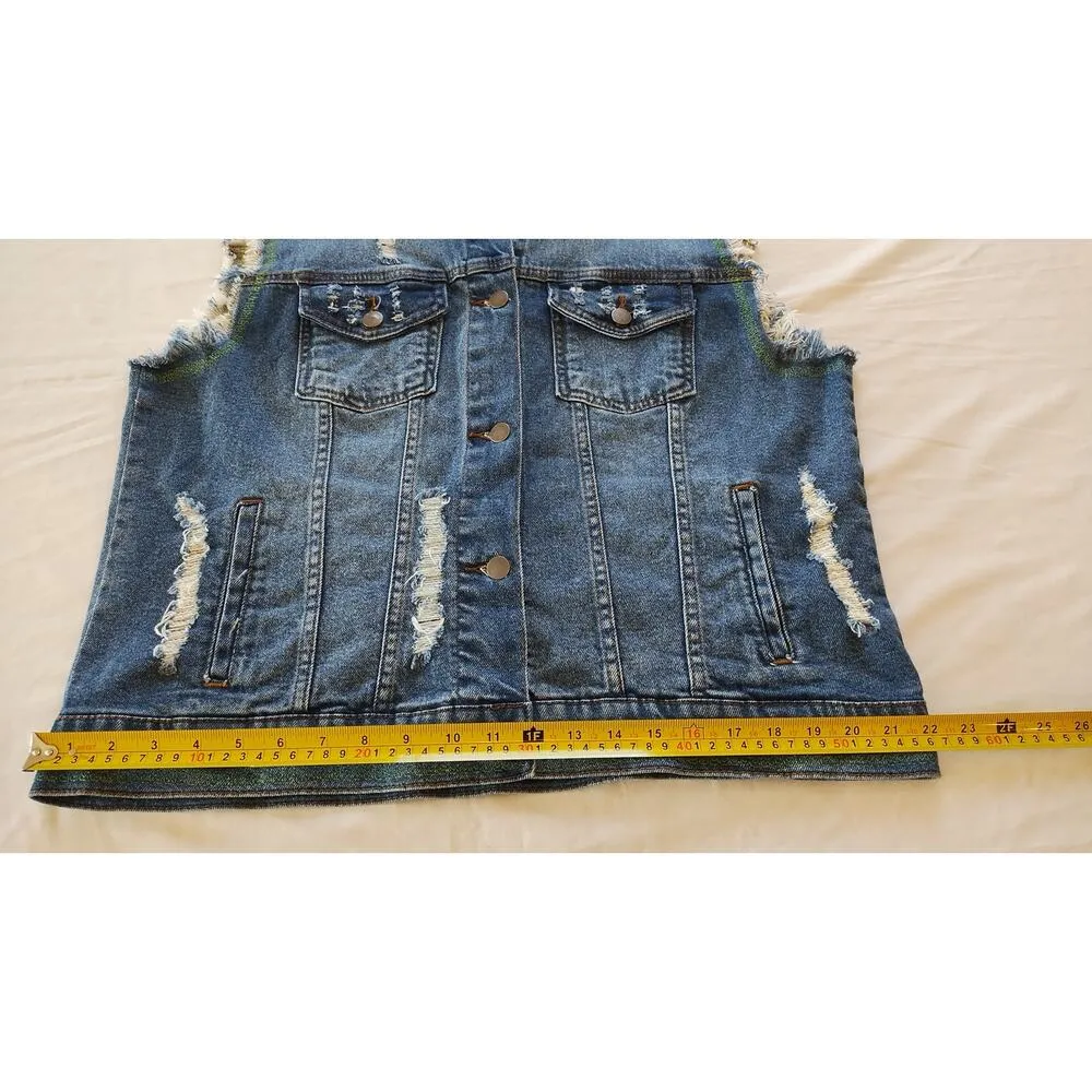 Wild Fable Denim Western  Distressed Frayed Button Front Vest Women's Large - Image 9