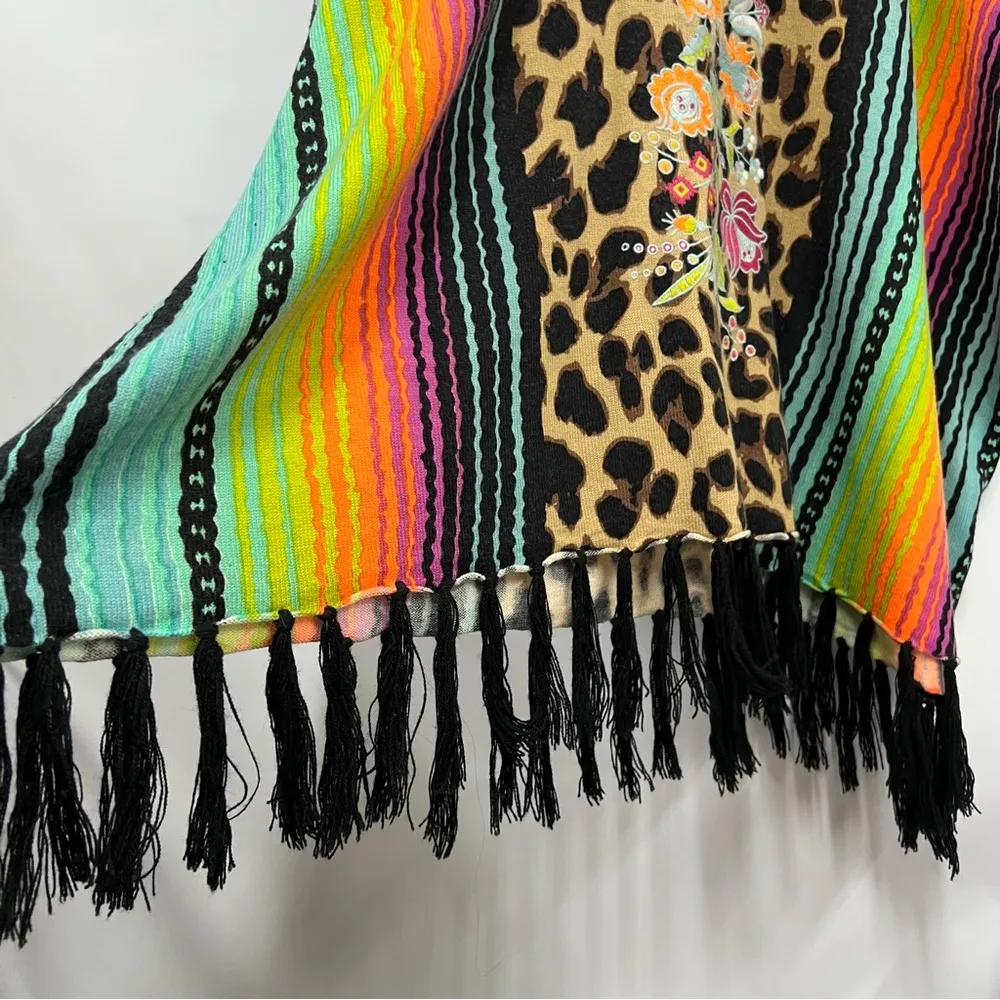 Crazy Train reg Multicolor Leopard animal Print Tunic poncho fringe hem floral - Image 10