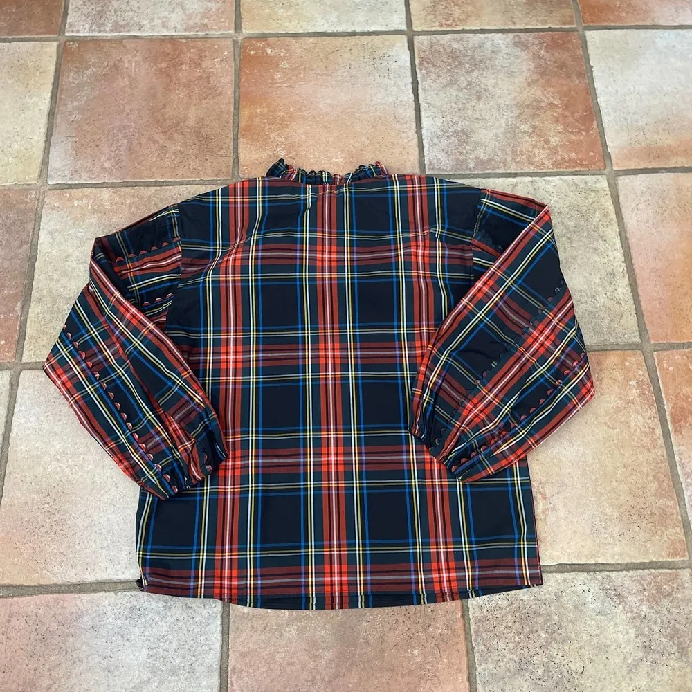 J.Crew Stewart Tartan Red Scalloped Tie Neck Long Sleeve Blouse - Image 9