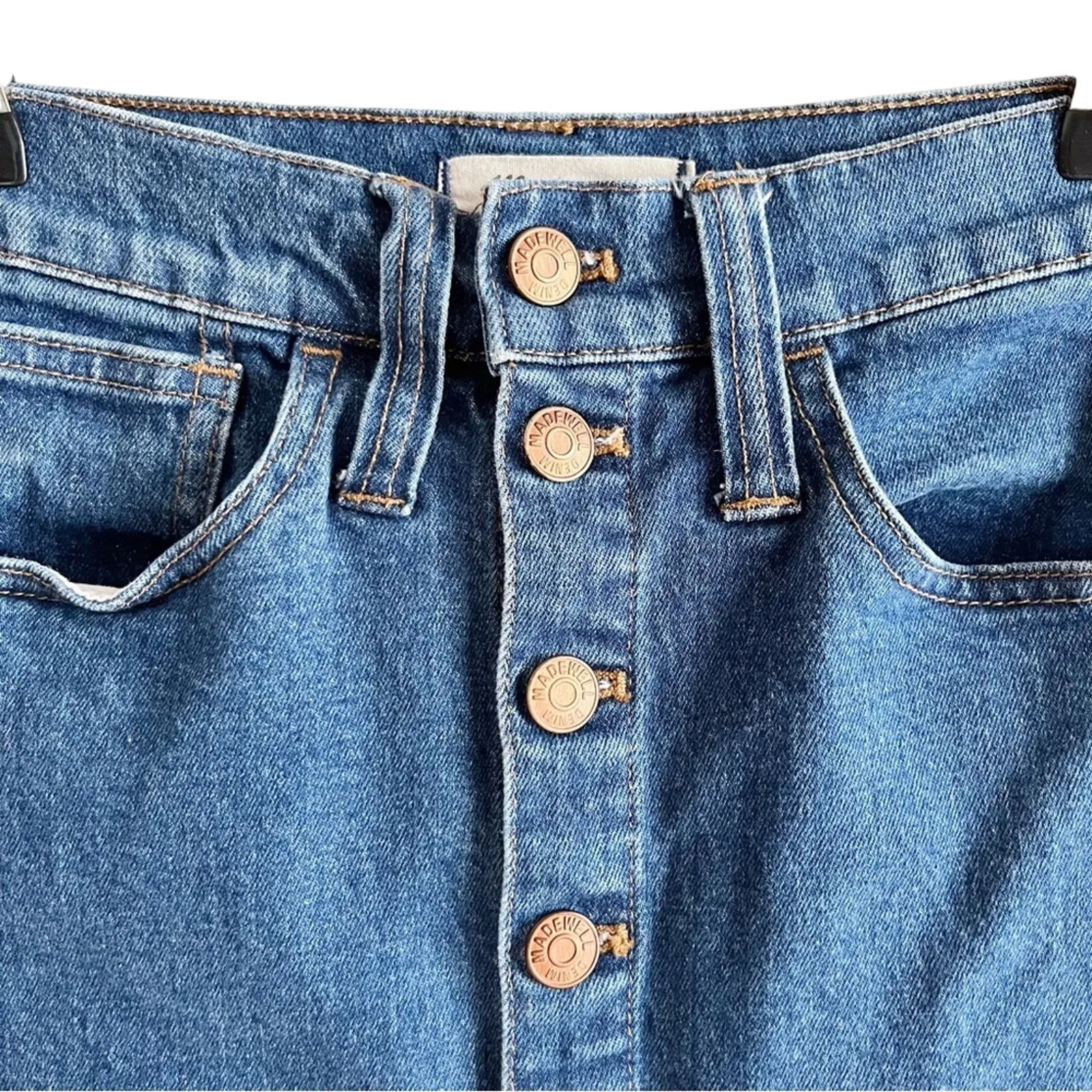 Madewell Stretch Blue Denim Mini Skirt Button Front Straight, Sz 25 - Image 3