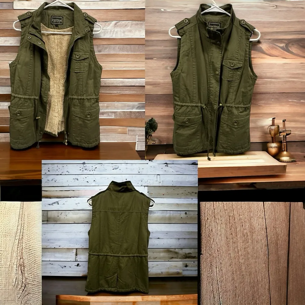 C’esttoi Vest Olive Green with Warm Faux Fur Lining Hiking Outdoors Womens Small - Image 13