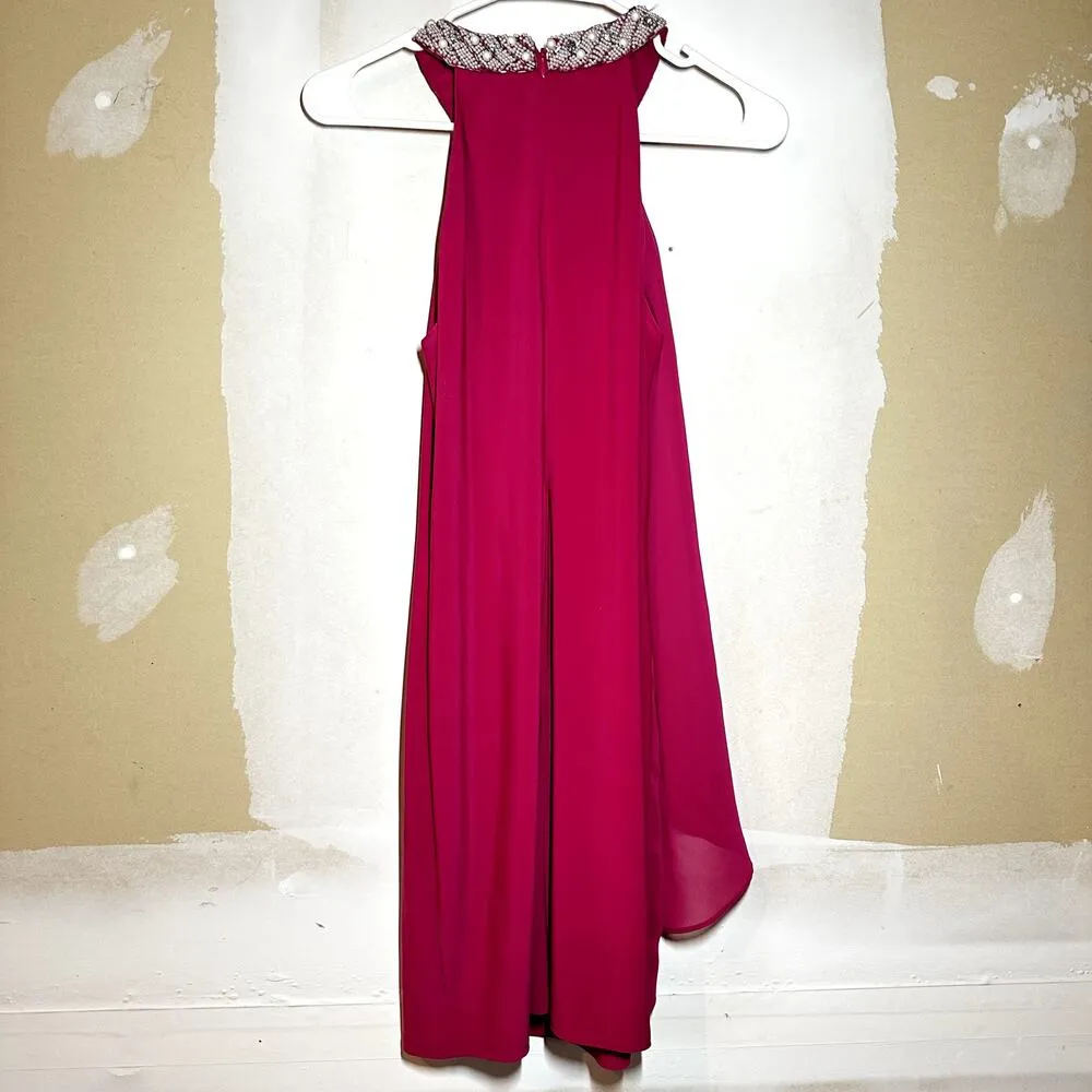 Cache Cocktail Dress Sleeveless Beaded Neck Ruffle Over Lay Fuschia Pink 4 - Image 4