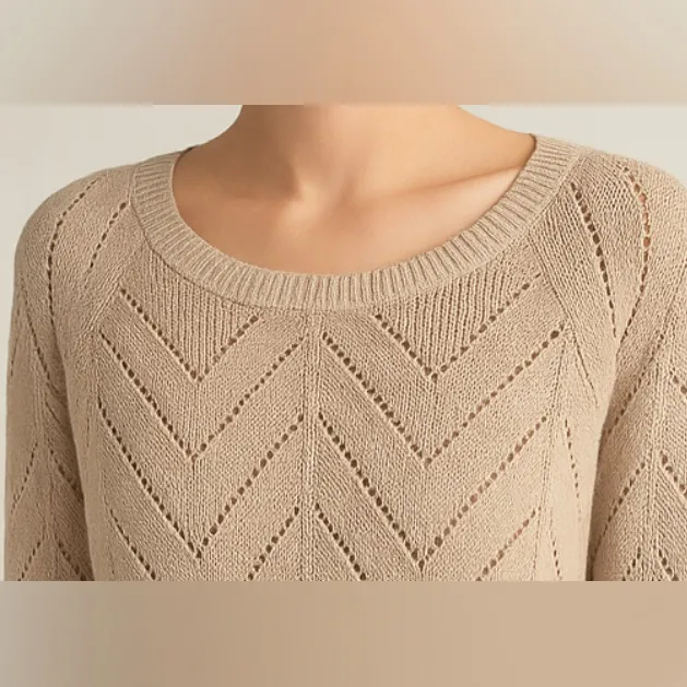 Olive & Oak Open-Knit Chevron Pullover Sweater – Beige – Size M – Cotton Blend - Image 3