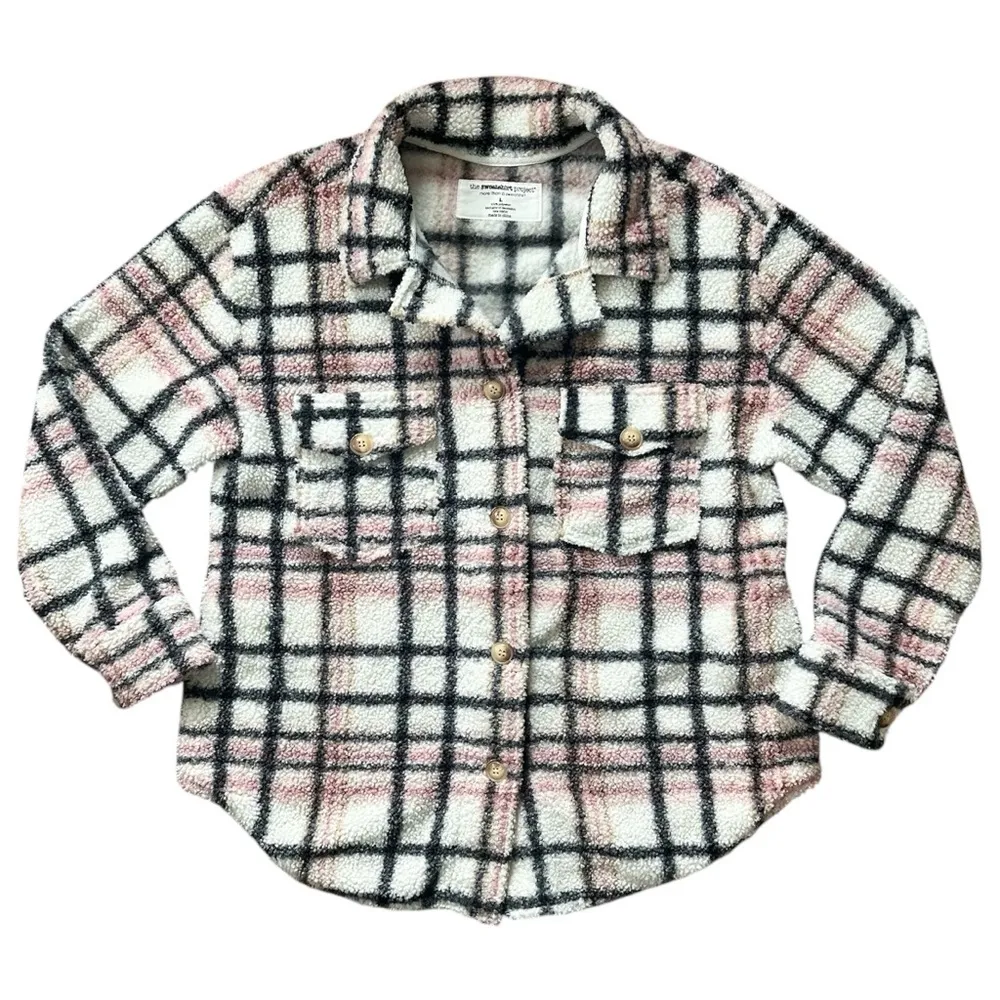 The Sweatshirt Project Plaid Fleece Button Up Pink & Black Shirt Jacket Sz Large - Image 6