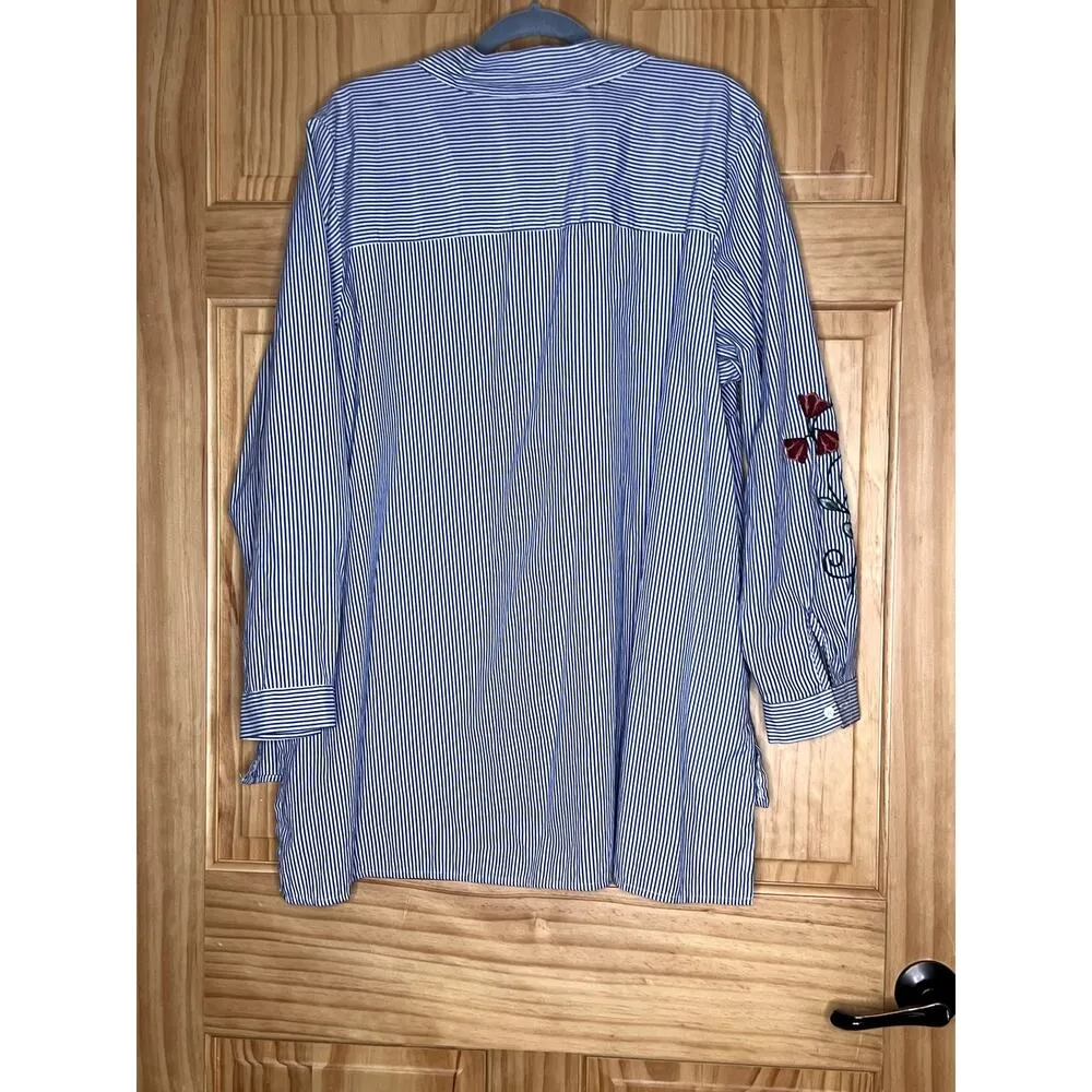 Paper Tee womens size 2X shirt button-up embroidery humming bird  blue/white - Image 3