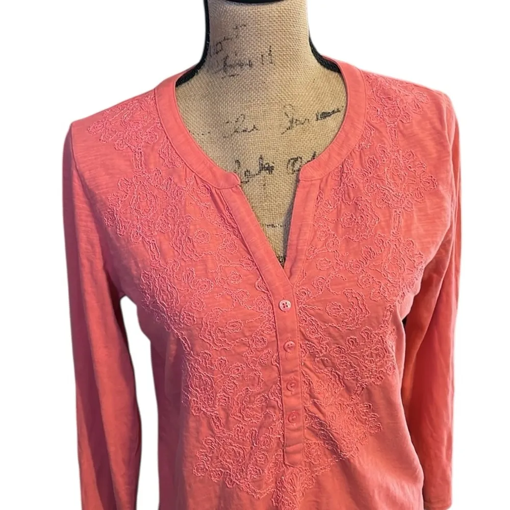 Style & Co Coral Pink 3/4 sleeve tee with embroidered sparkle floral accent - Image 2