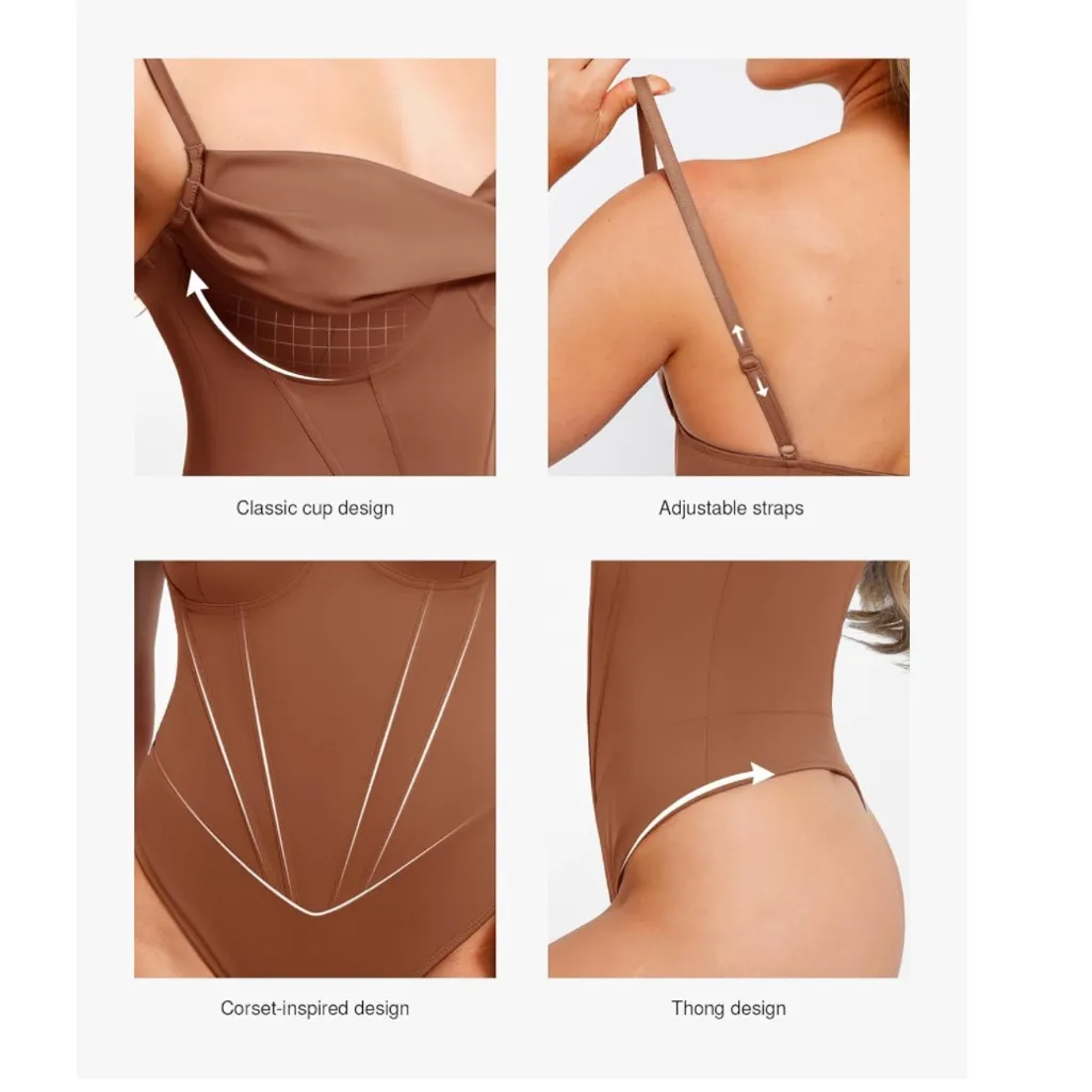 NWT Popilush Corset Cowl Neck Tummy Control Thong Bodysuit Shapewear XL Brown - Image 4