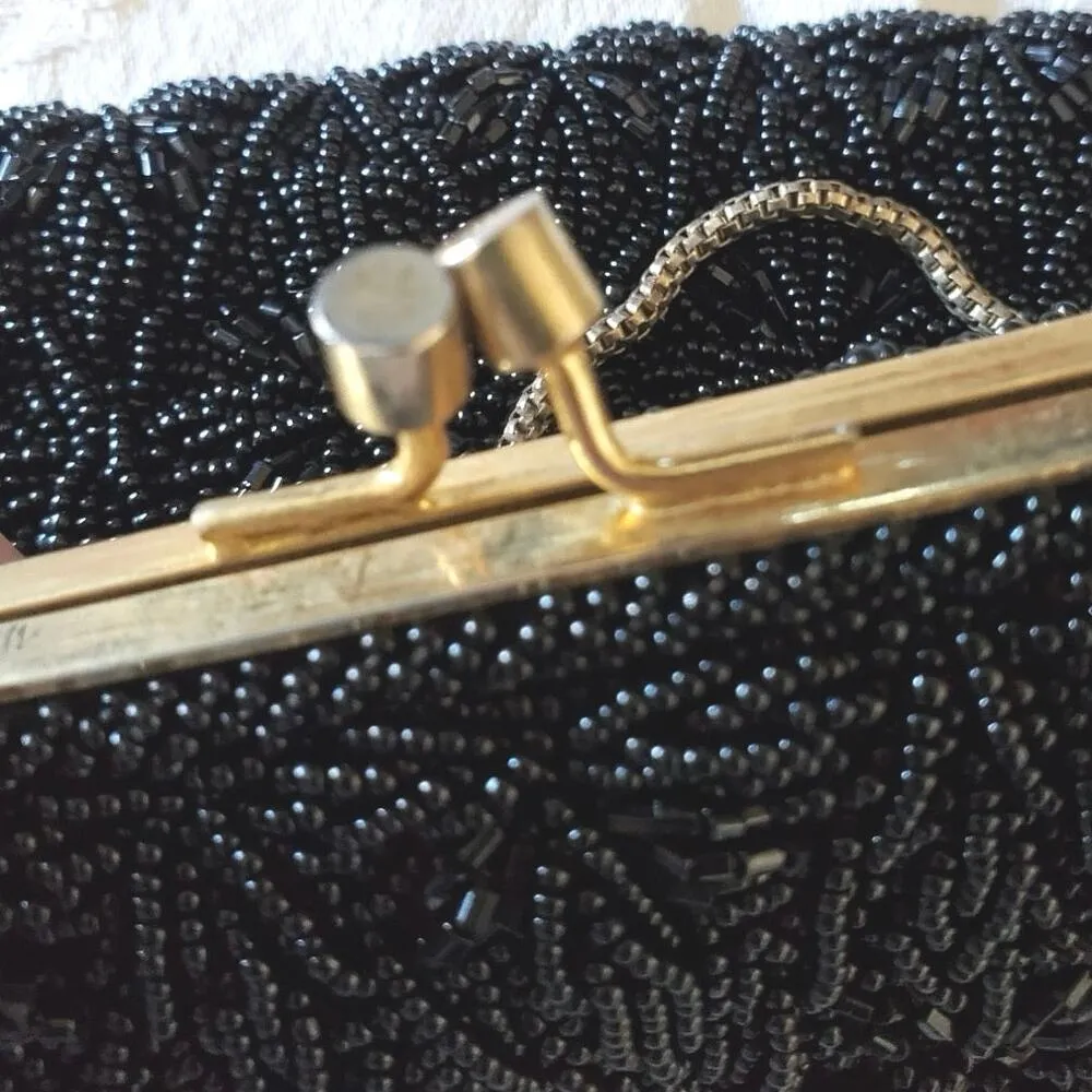 Stunning Vintage Black Glass Beaded Evening Bag Gold Chain, Hong Kong - Image 5